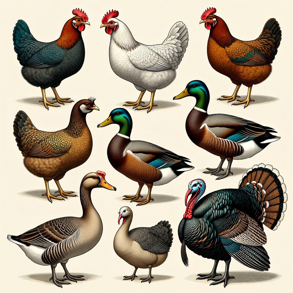 Chickens Ducks Goose Turkey Illustration Chickens Ducks Goose Turkey Illustration