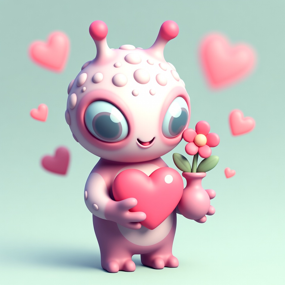 Cute pink alien holding heart and flower Cute pink alien holding heart and flower