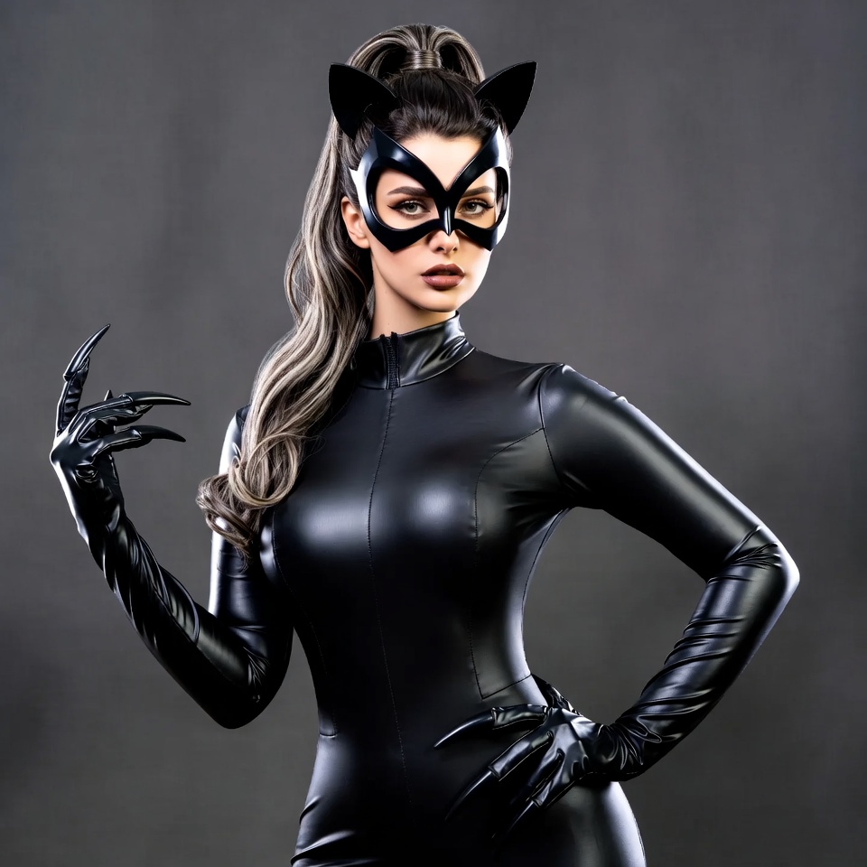 Woman in Catwoman costume with claws Woman in Catwoman costume with claws