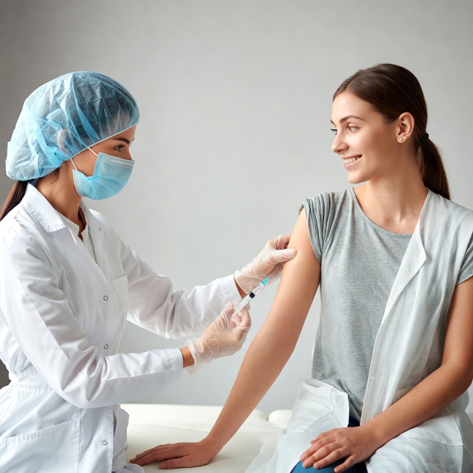 Nurse administering vaccine to woman Nurse administering vaccine to woman
