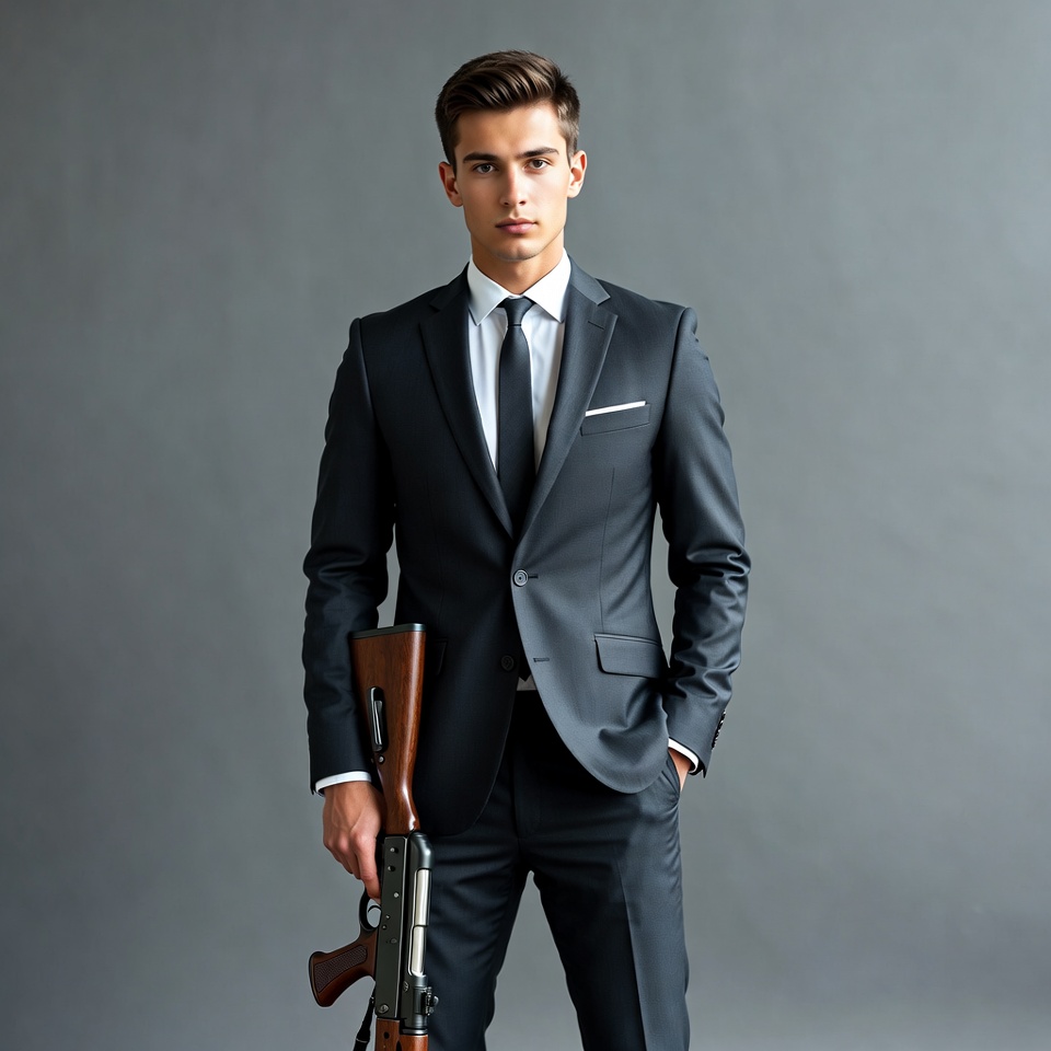 Man in suit holding shotgun Man in suit holding shotgun