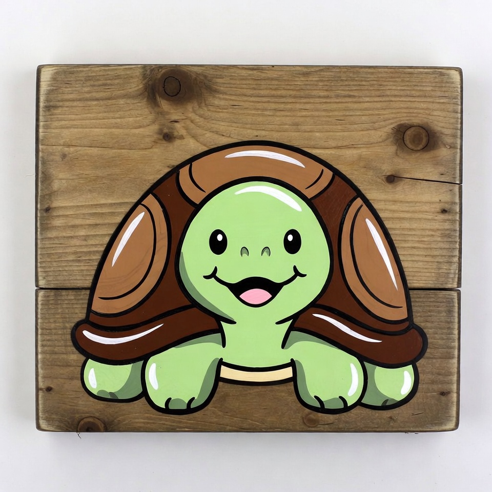 Cute green turtle illustration on wood Cute green turtle illustration on wood