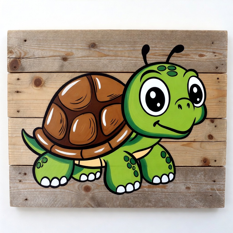 Cute Green Cartoon Turtle on Wood Cute Green Cartoon Turtle on Wood