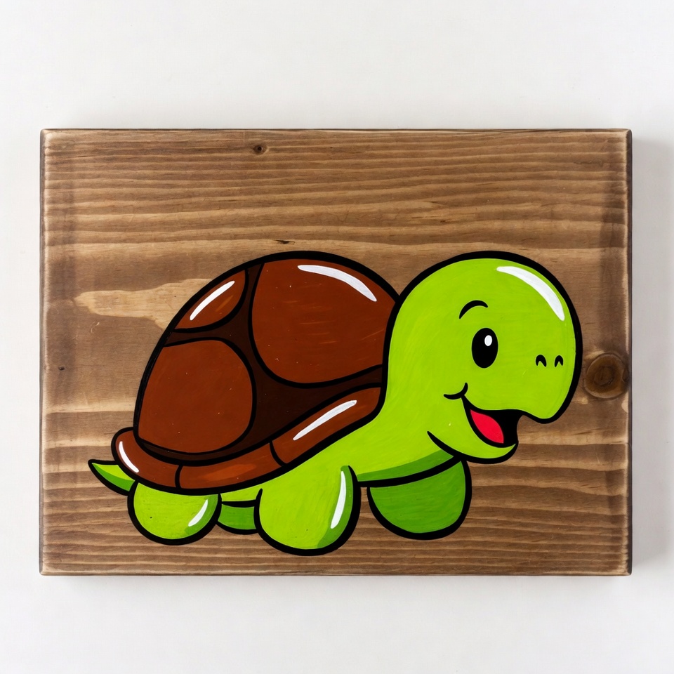 Cute Green Turtle on Wooden Plaque Cute Green Turtle on Wooden Plaque