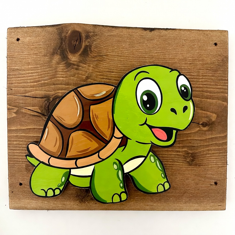 Cute green turtle illustration on wood Cute green turtle illustration on wood