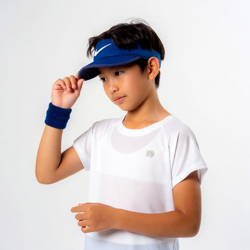 Asian boy adjusting Nike visor Asian boy adjusting Nike visor