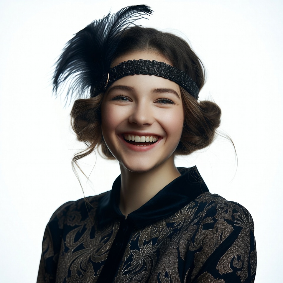 Smiling girl in 1920s flapper headband Smiling girl in 1920s flapper headband