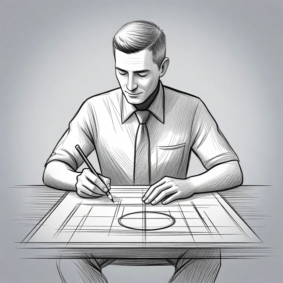 Man drawing blueprint at desk Man drawing blueprint at desk