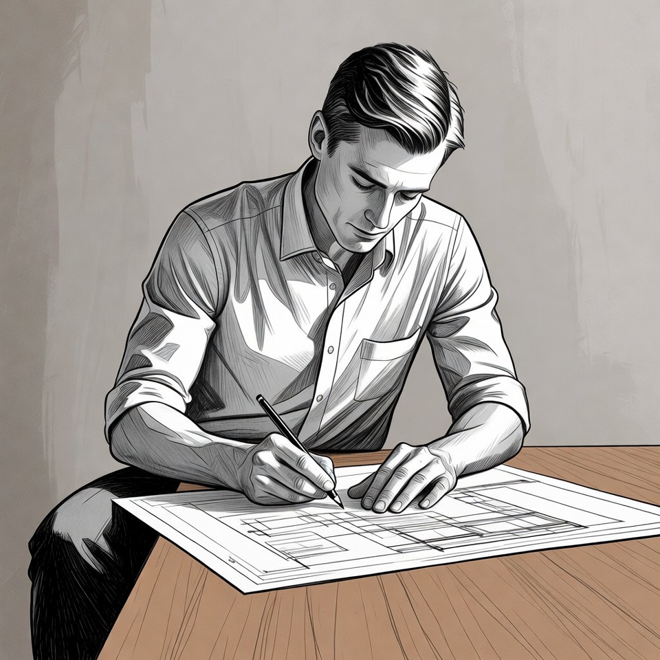 Man drawing architectural blueprint Man drawing architectural blueprint