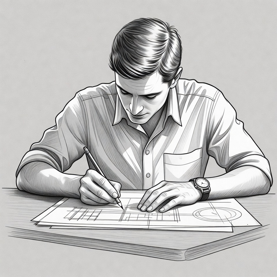 Man drawing architectural blueprint Man drawing architectural blueprint