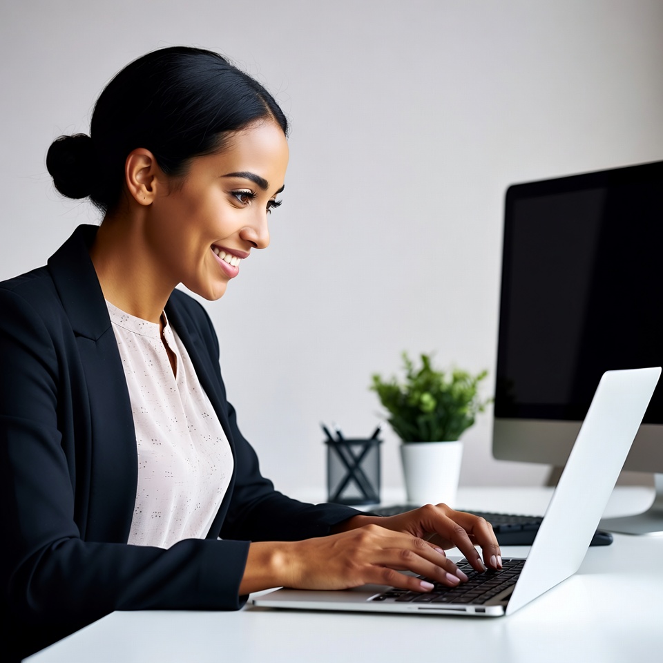 Smiling woman typing on laptop Smiling woman typing on laptop