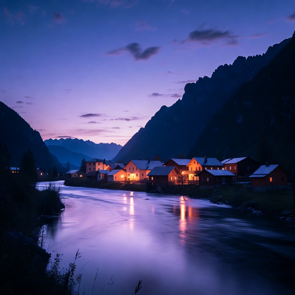 Mountain village at twilight by river Mountain village at twilight by river