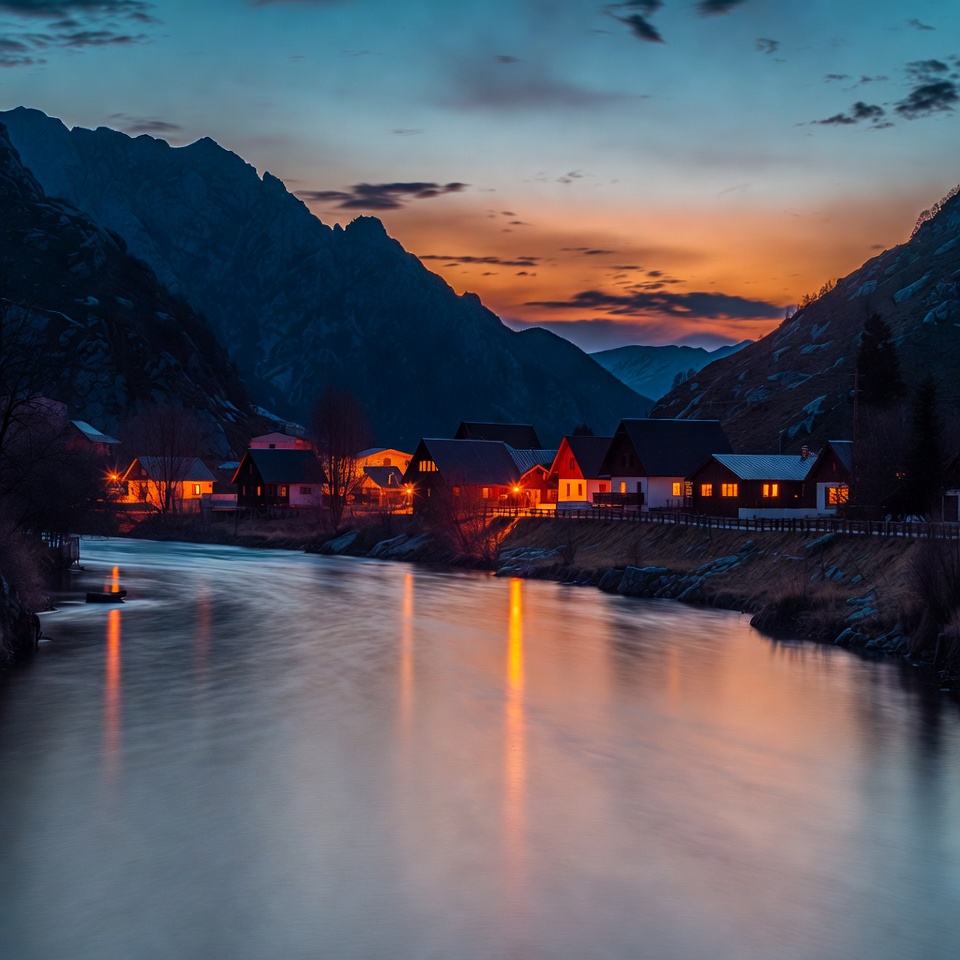 Mountain Village at Twilight by River Mountain Village at Twilight by River