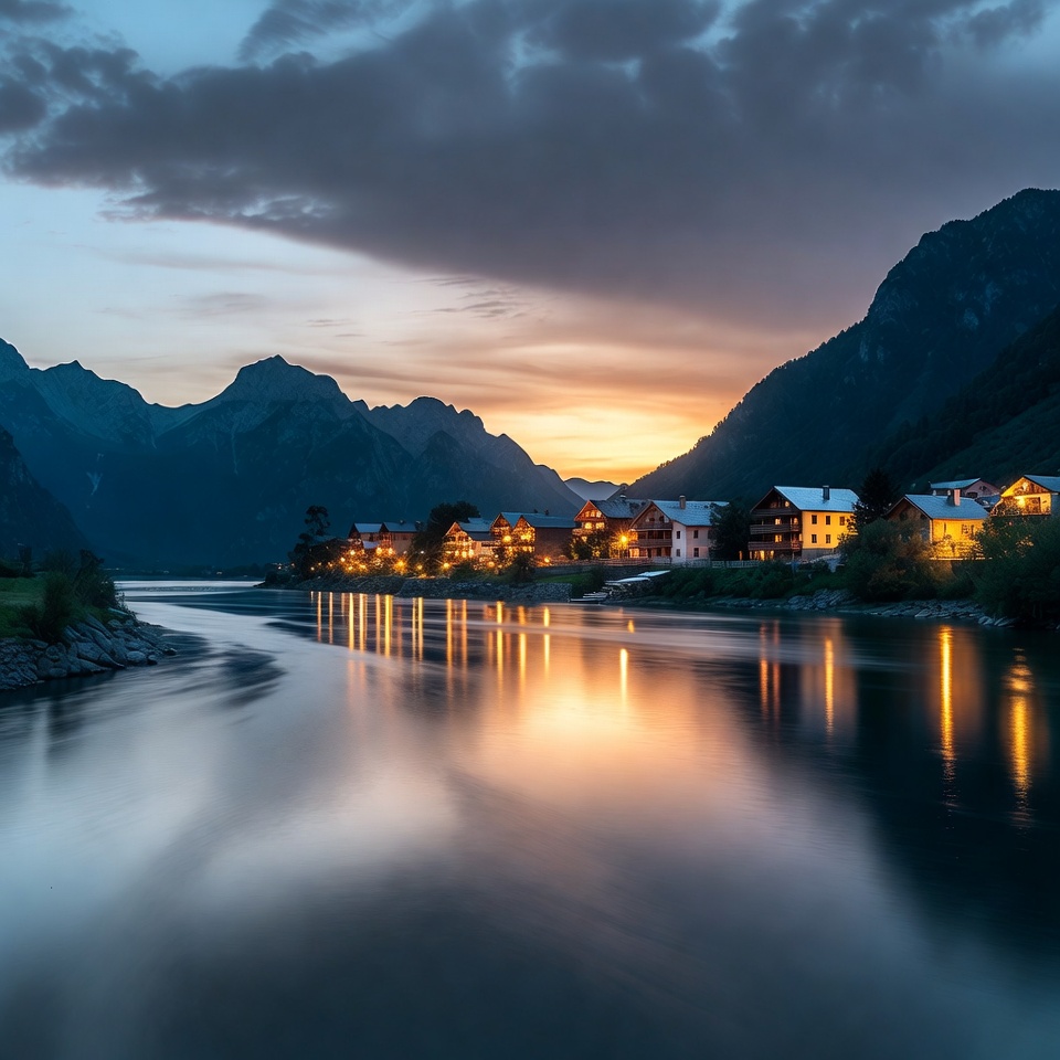 Mountain Village at Sunset by River Mountain Village at Sunset by River