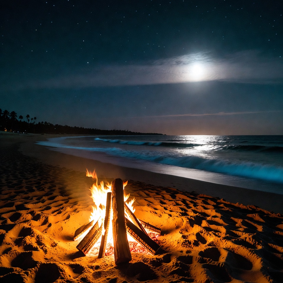 Bonfire on Tropical Beach at Night Bonfire on Tropical Beach at Night