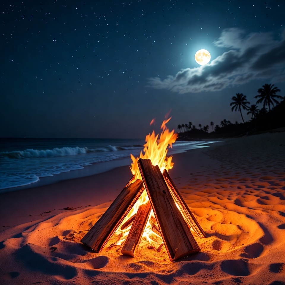Campfire on Tropical Beach at Night Campfire on Tropical Beach at Night