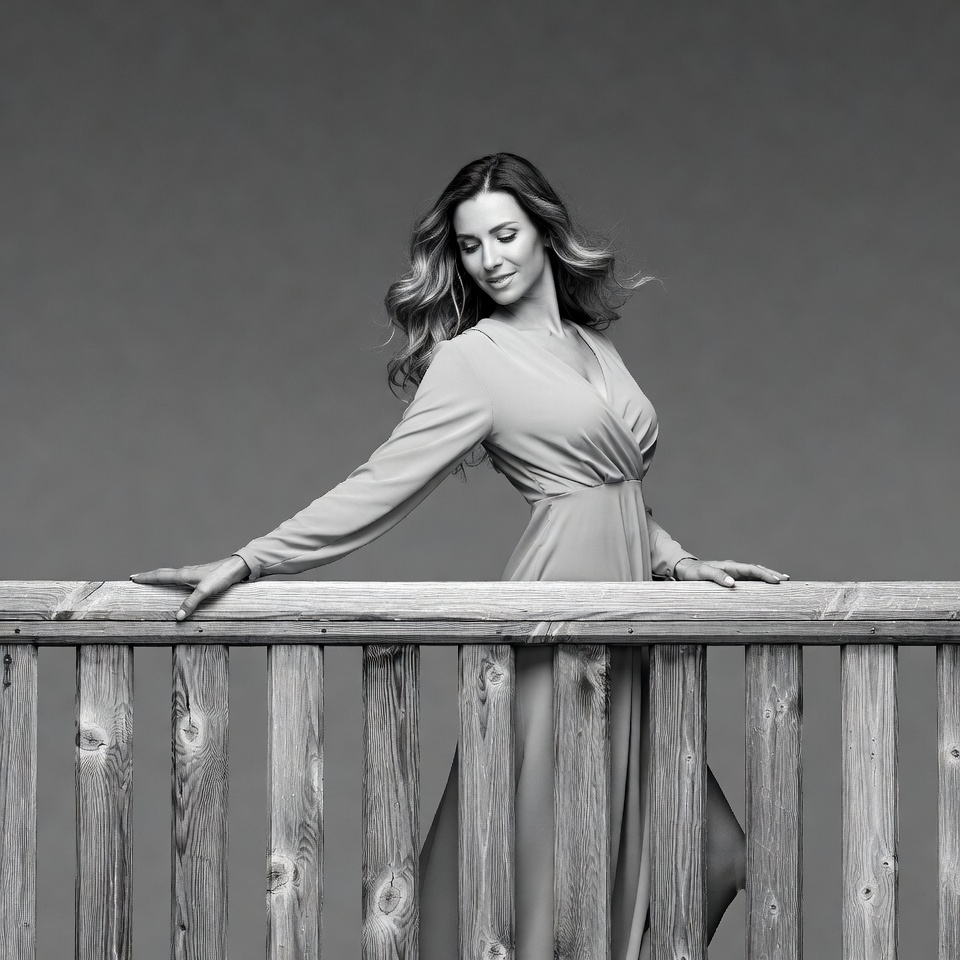 Woman leaning on wooden railing Woman leaning on wooden railing