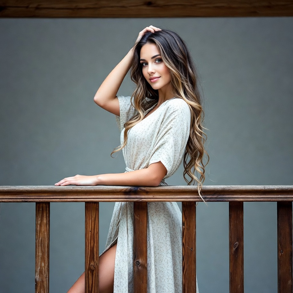 Woman leaning on wooden balcony railing Woman leaning on wooden balcony railing