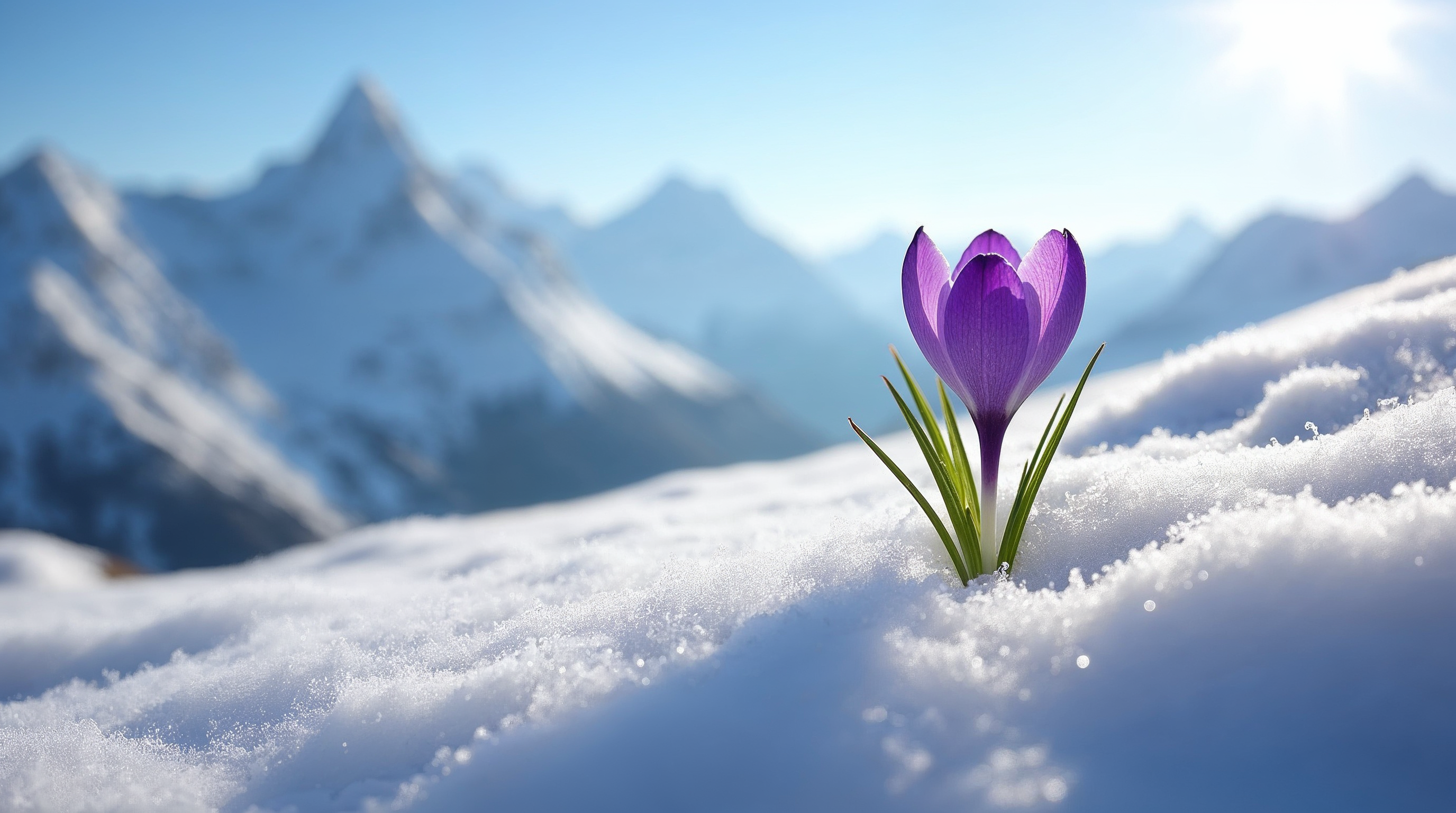 Purple crocus blooming in snowy mountains Purple crocus blooming in snowy mountains