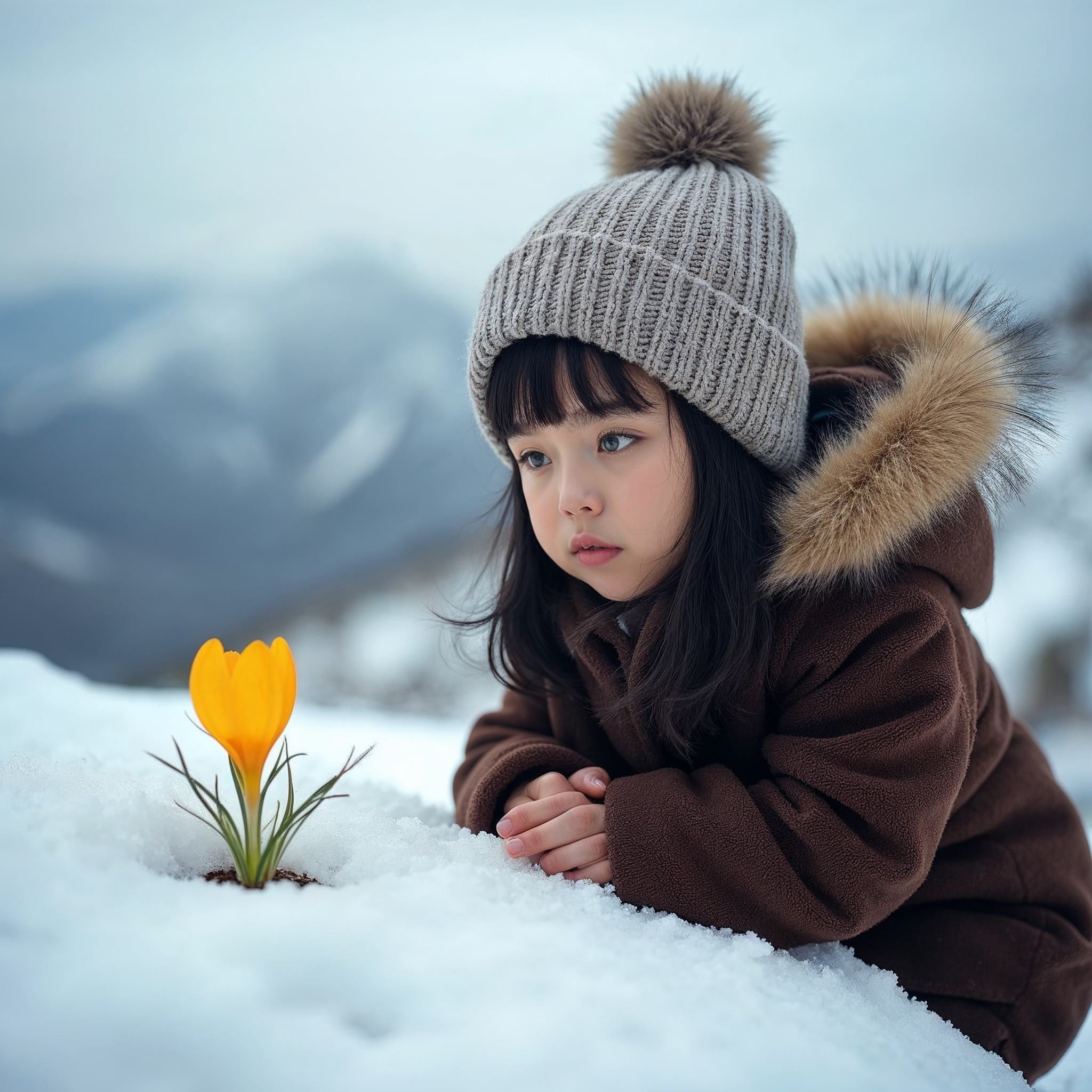 Asian girl with crocus flower in snow Asian girl with crocus flower in snow