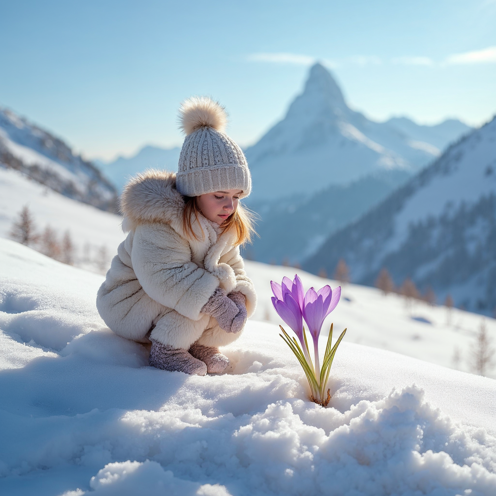 Girl admiring purple crocus in snowy mountains Girl admiring purple crocus in snowy mountains