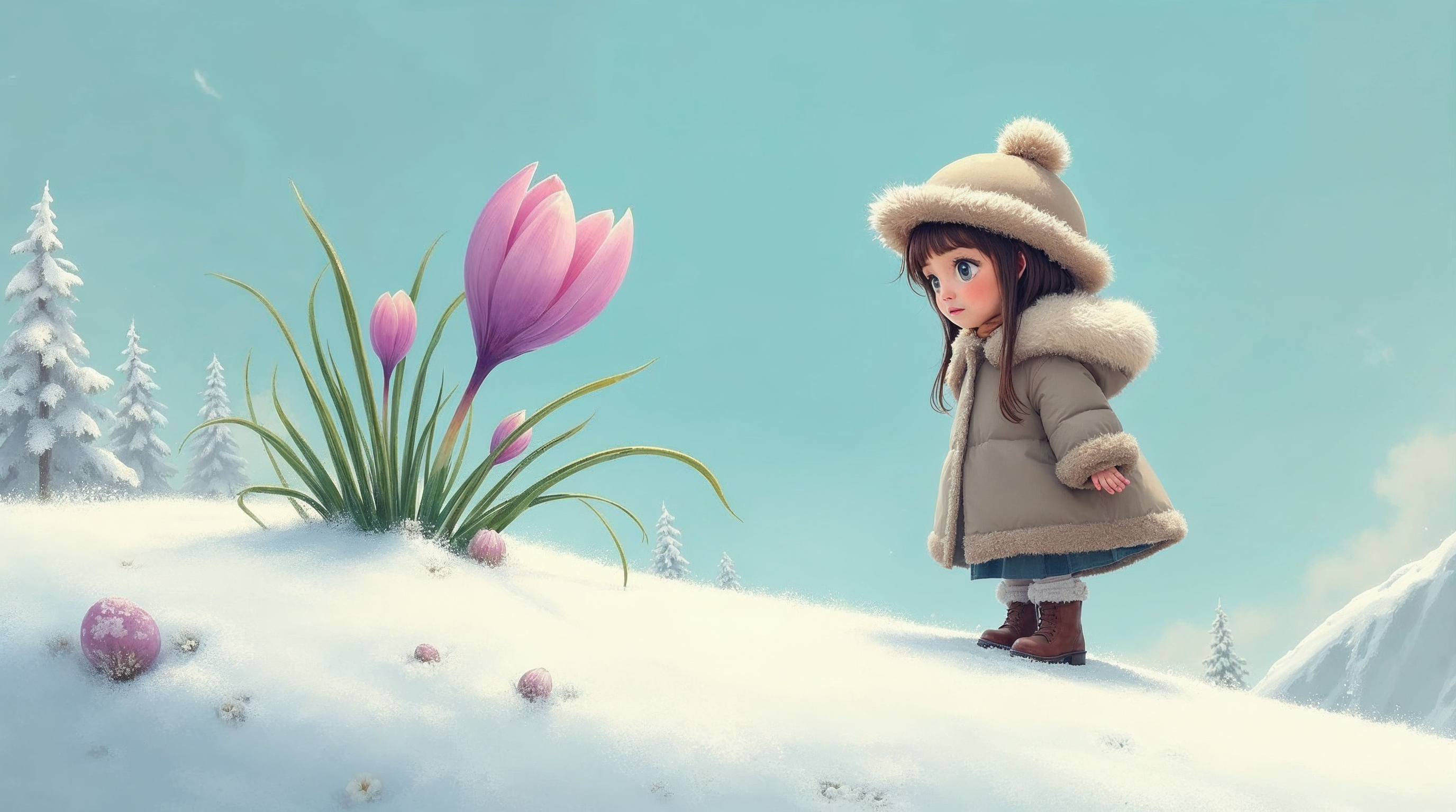 Girl admiring pink crocuses in snowy field Girl admiring pink crocuses in snowy field