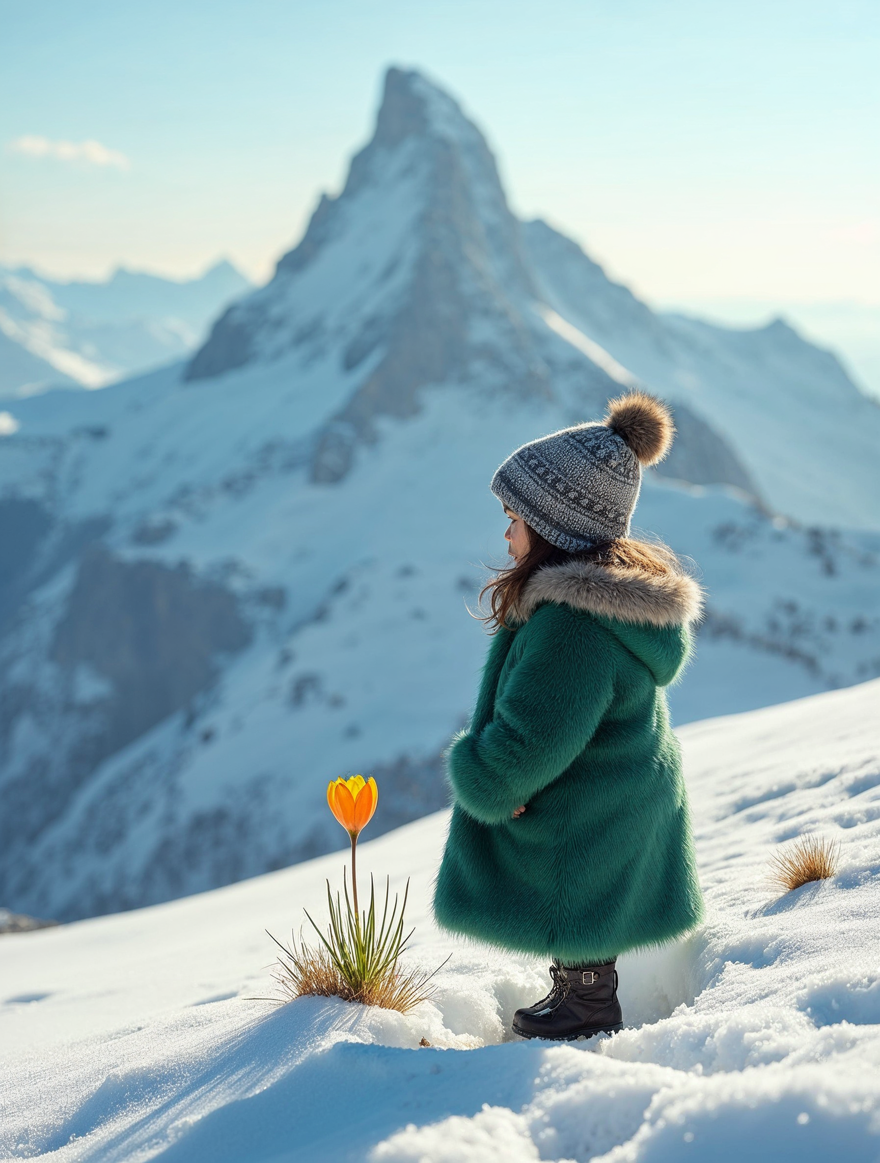 Girl holding tulip with Matterhorn Girl holding tulip with Matterhorn