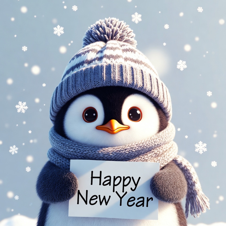 Cute Penguin Holding Happy New Year Sign Cute Penguin Holding Happy New Year Sign