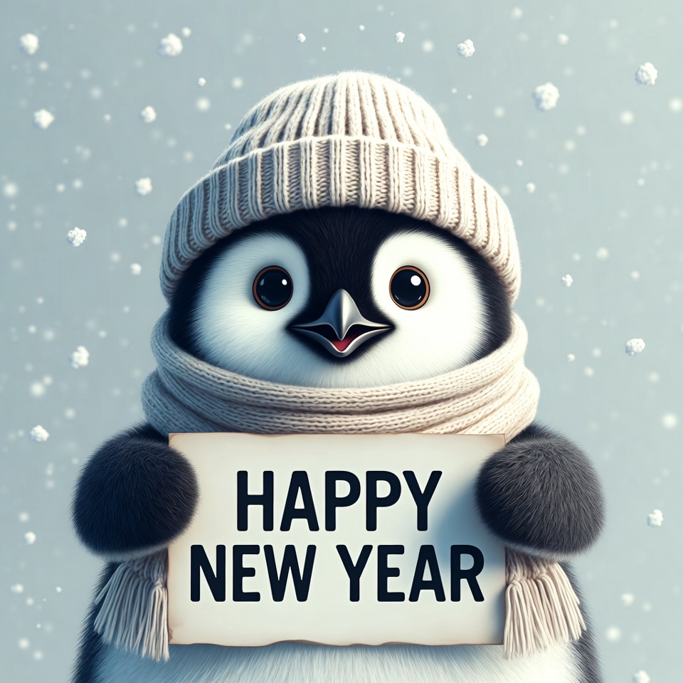 Penguin holding Happy New Year sign Penguin holding Happy New Year sign