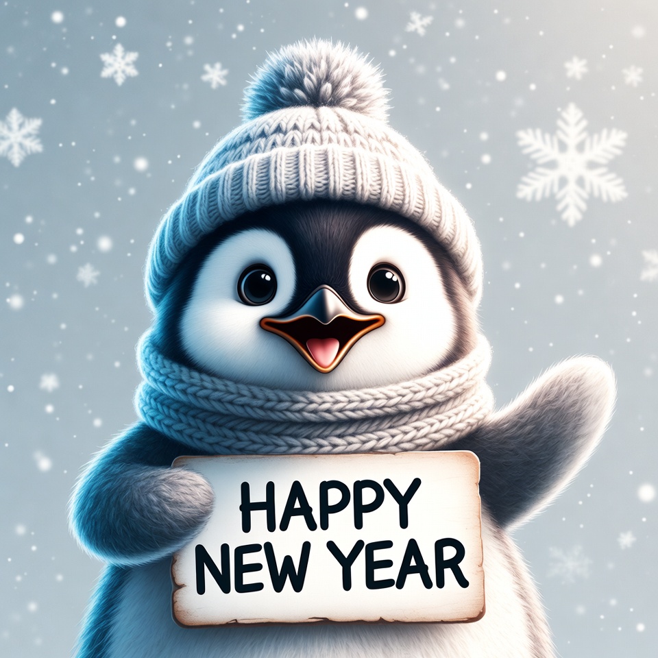 Cute penguin holding Happy New Year sign Cute penguin holding Happy New Year sign