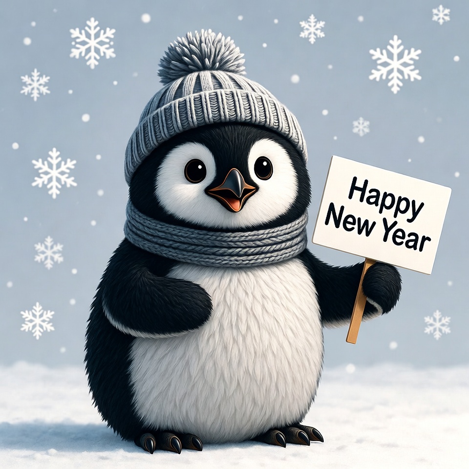 Cute penguin holding Happy New Year sign Cute penguin holding Happy New Year sign