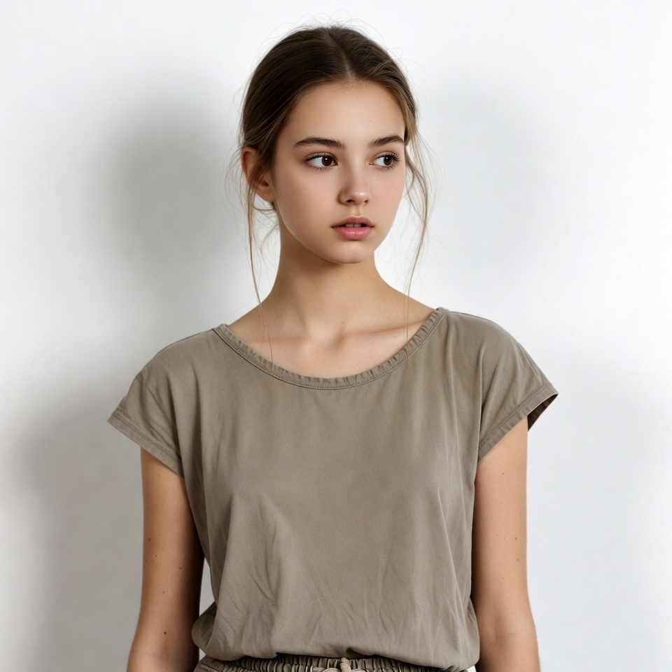 Young woman in beige shirt Young woman in beige shirt
