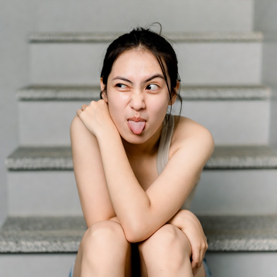 Asian woman sticking tongue out on stairs Asian woman sticking tongue out on stairs