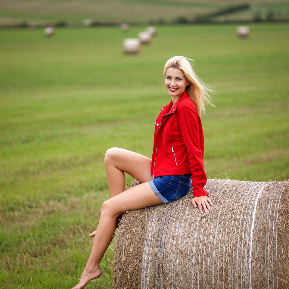 Blonde woman sitting on hay bale Blonde woman sitting on hay bale