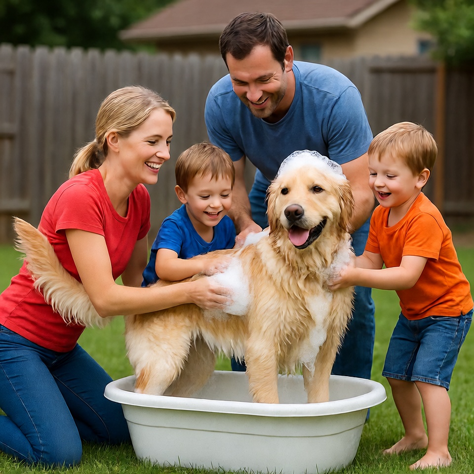 Family bathing golden retriever in backyard Family bathing golden retriever in backyard