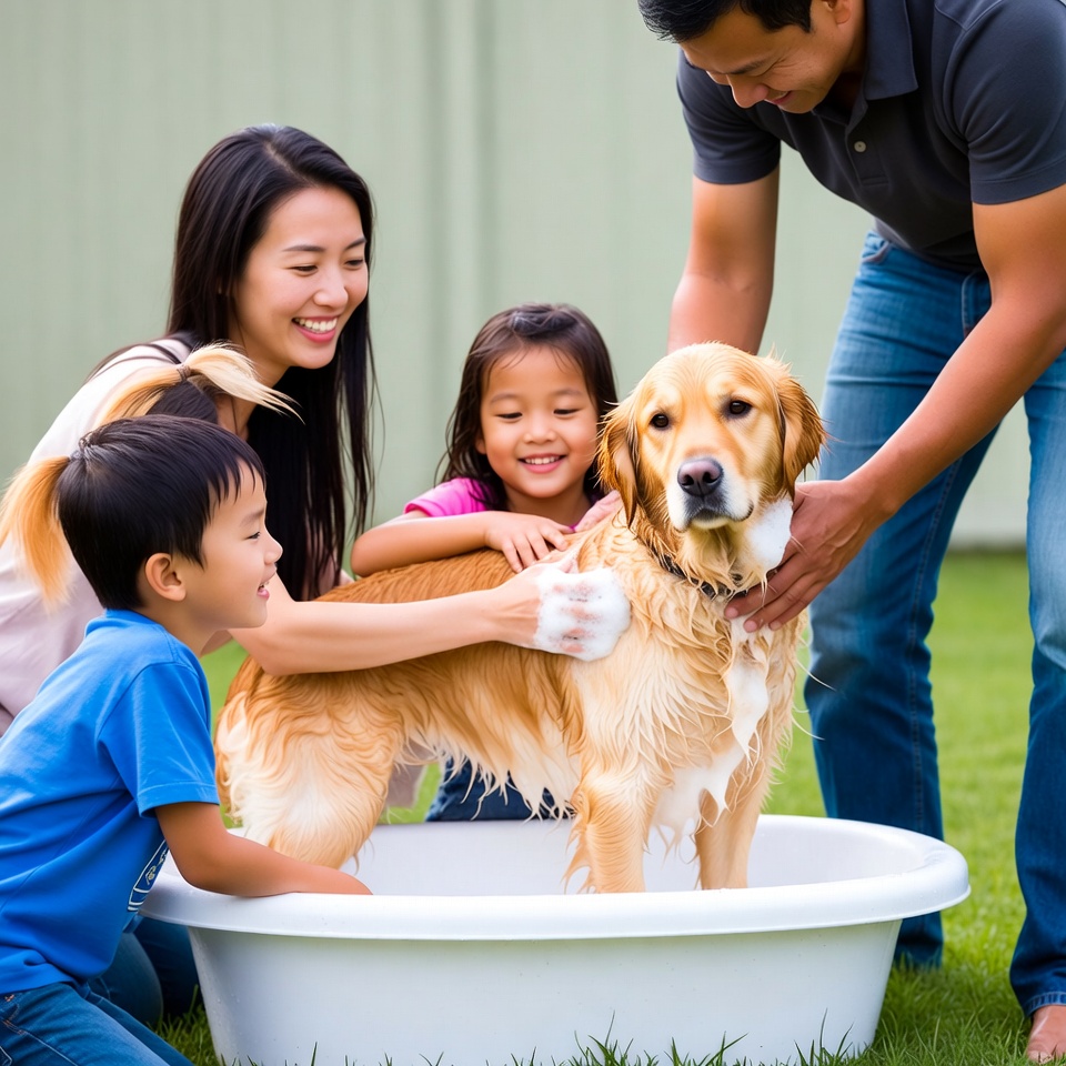 Asian family washing golden retriever Asian family washing golden retriever