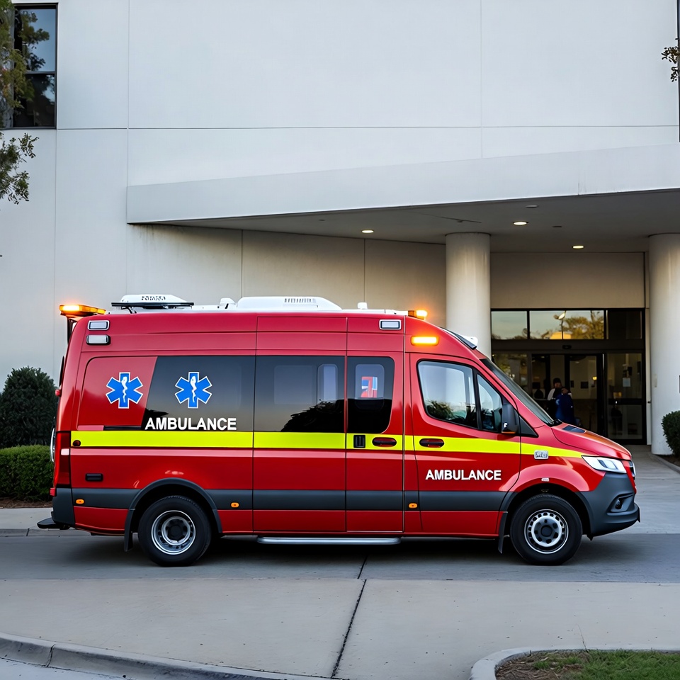 Red Ambulance Parked at Hospital Entrance Red Ambulance Parked at Hospital Entrance