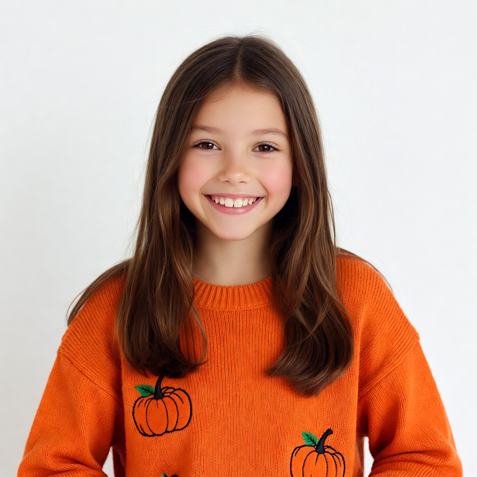 Girl smiling in orange pumpkin sweater Girl smiling in orange pumpkin sweater
