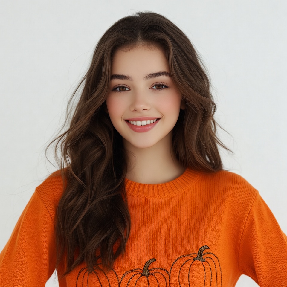 Smiling woman in orange pumpkin sweater Smiling woman in orange pumpkin sweater