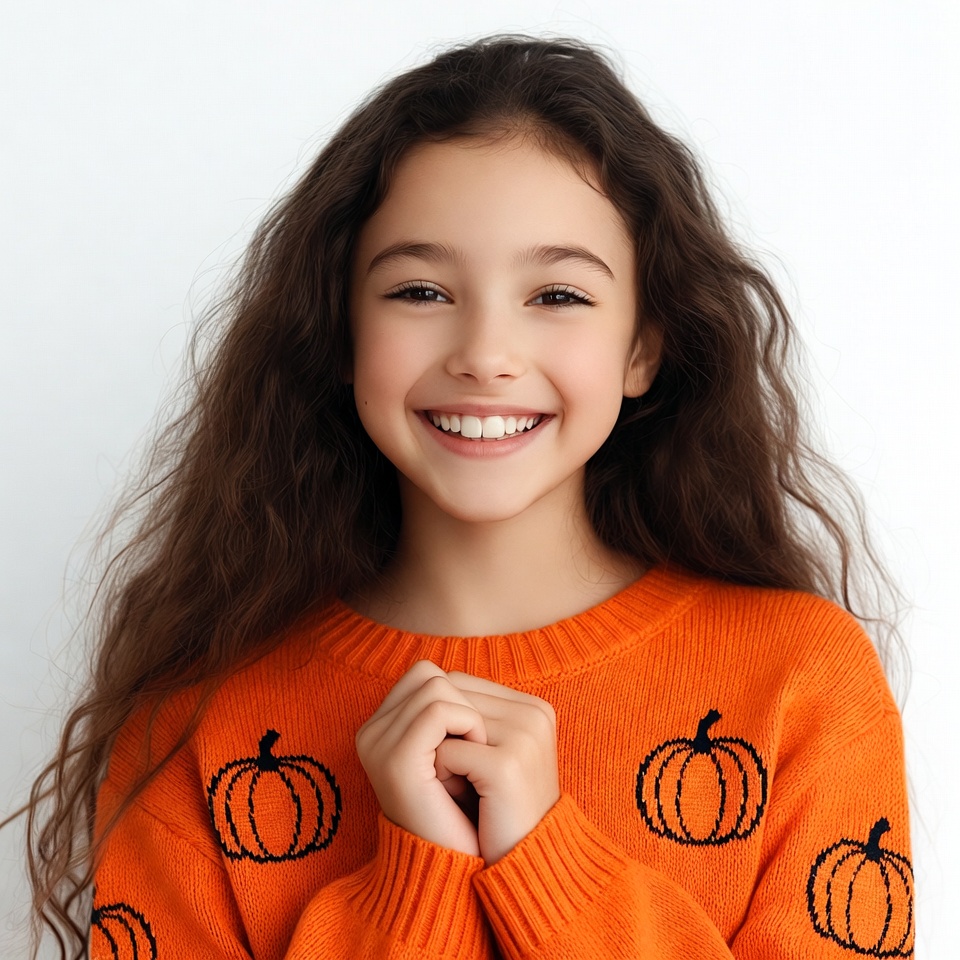 Girl smiling in pumpkin sweater Girl smiling in pumpkin sweater