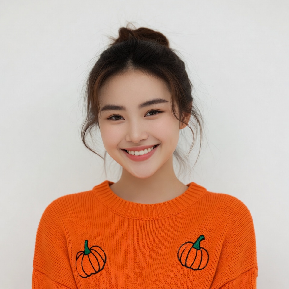 Asian woman in pumpkin sweater smiling Asian woman in pumpkin sweater smiling
