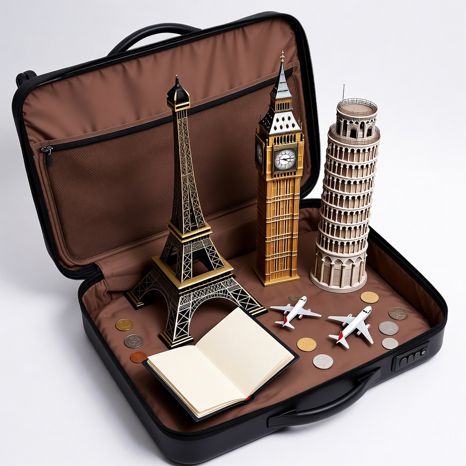 Open suitcase with Eiffel Tower Big Ben Leaning Tower Open suitcase with Eiffel Tower Big Ben Leaning Tower