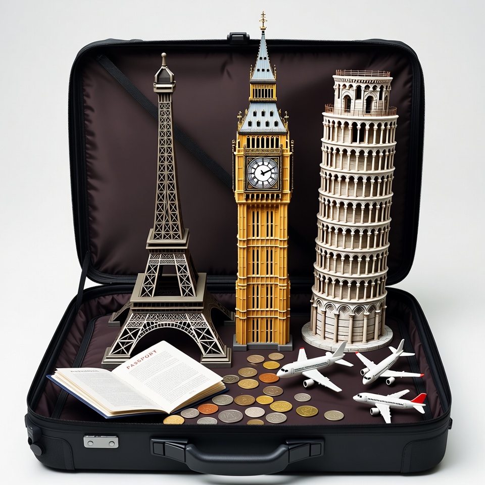 Open Suitcase with Eiffel Tower Big Ben Leaning Tower Open Suitcase with Eiffel Tower Big Ben Leaning Tower