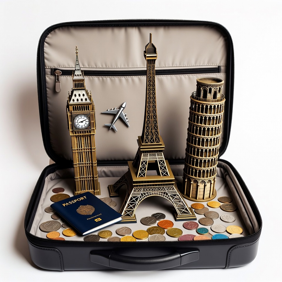 Open suitcase with travel landmarks Open suitcase with travel landmarks