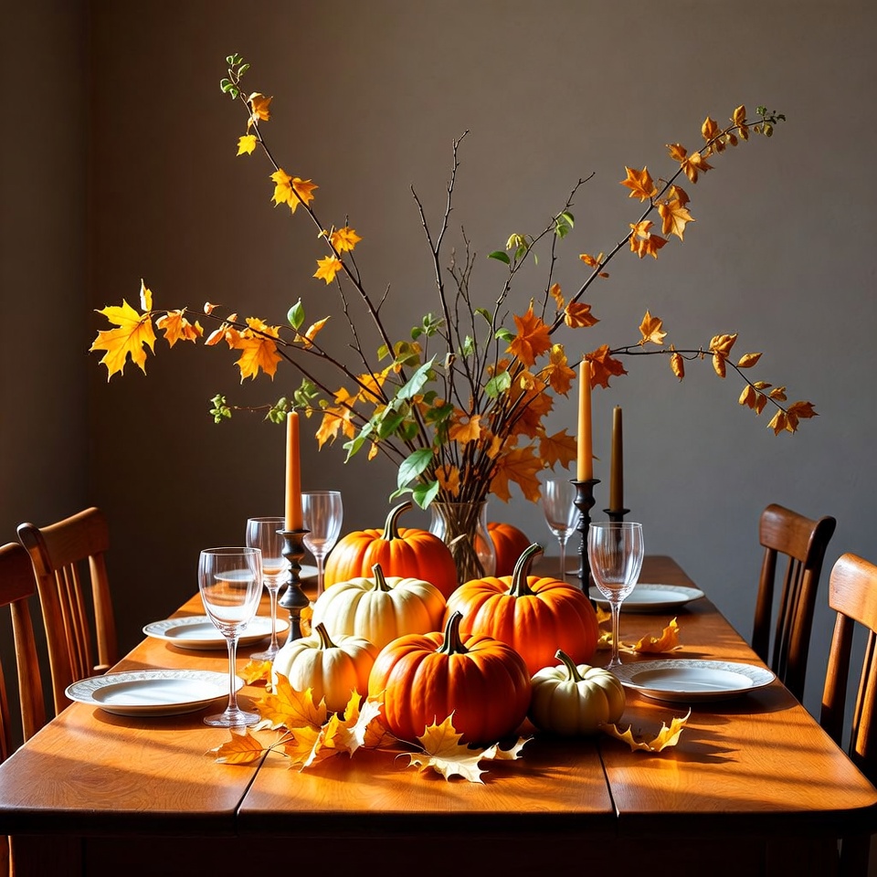 Autumn Pumpkin Centerpiece on Dining Table Autumn Pumpkin Centerpiece on Dining Table