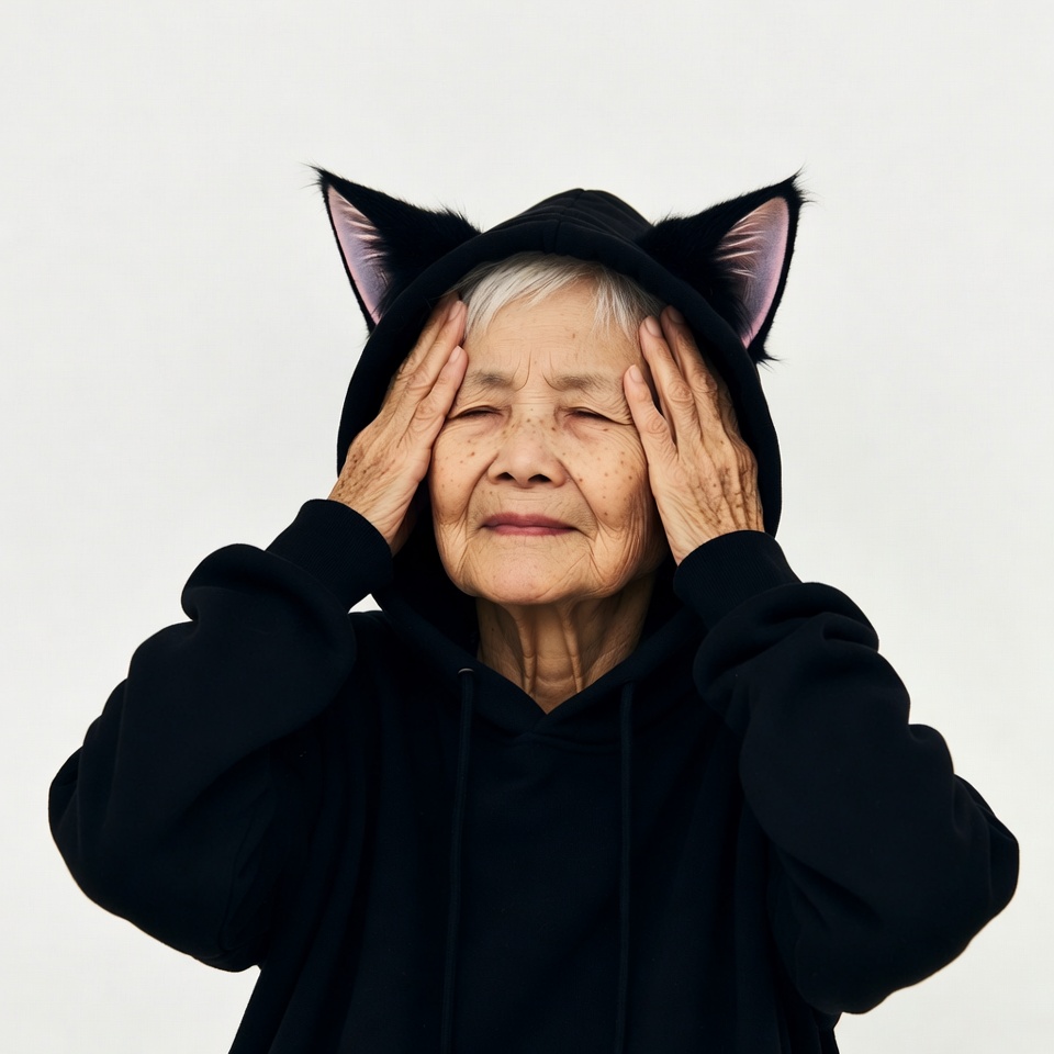 Elderly Asian woman in cat ear hoodie Elderly Asian woman in cat ear hoodie