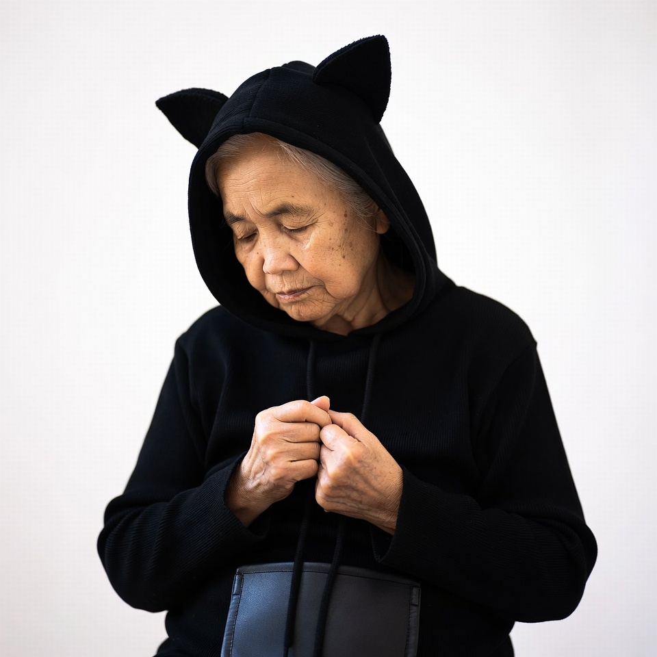 Elderly Asian woman in cat ear hoodie Elderly Asian woman in cat ear hoodie