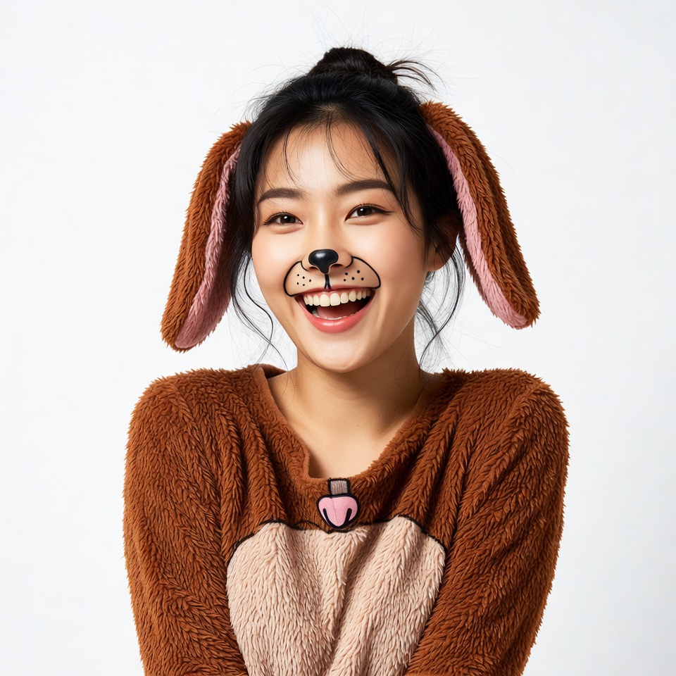 Asian girl in dog costume smiling Asian girl in dog costume smiling