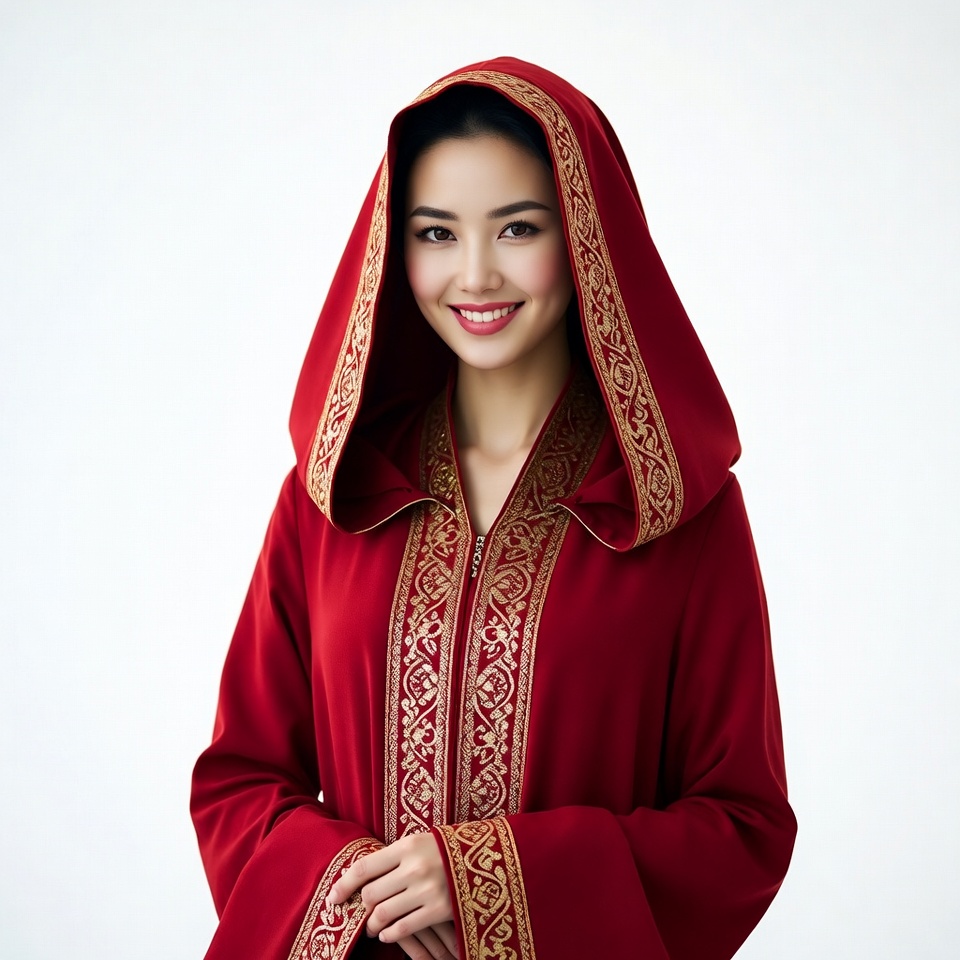 Asian woman in red hooded robe Asian woman in red hooded robe
