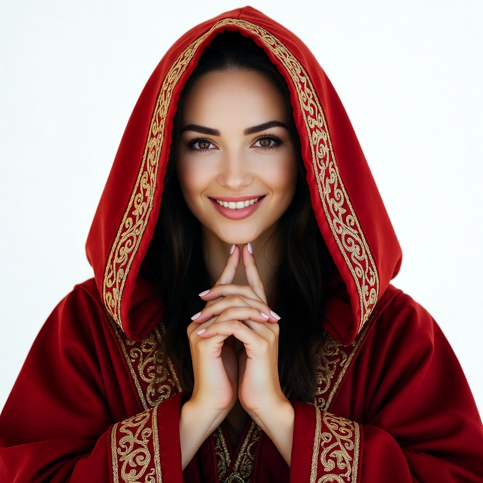 Smiling woman in red hooded robe Smiling woman in red hooded robe